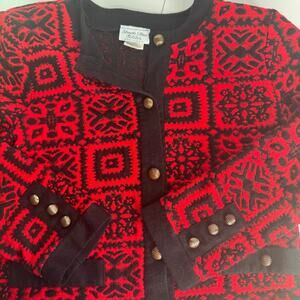 VTG Stuart Alan Black Red Diamond Geometric Button Cardigan Sz 8 USA
